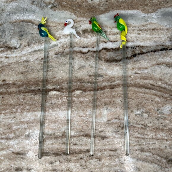 Glass Stir Sticks Bird Designs Unique Set Of 4 Cocktail Swizzle Stick Barware - Picture 1 of 12